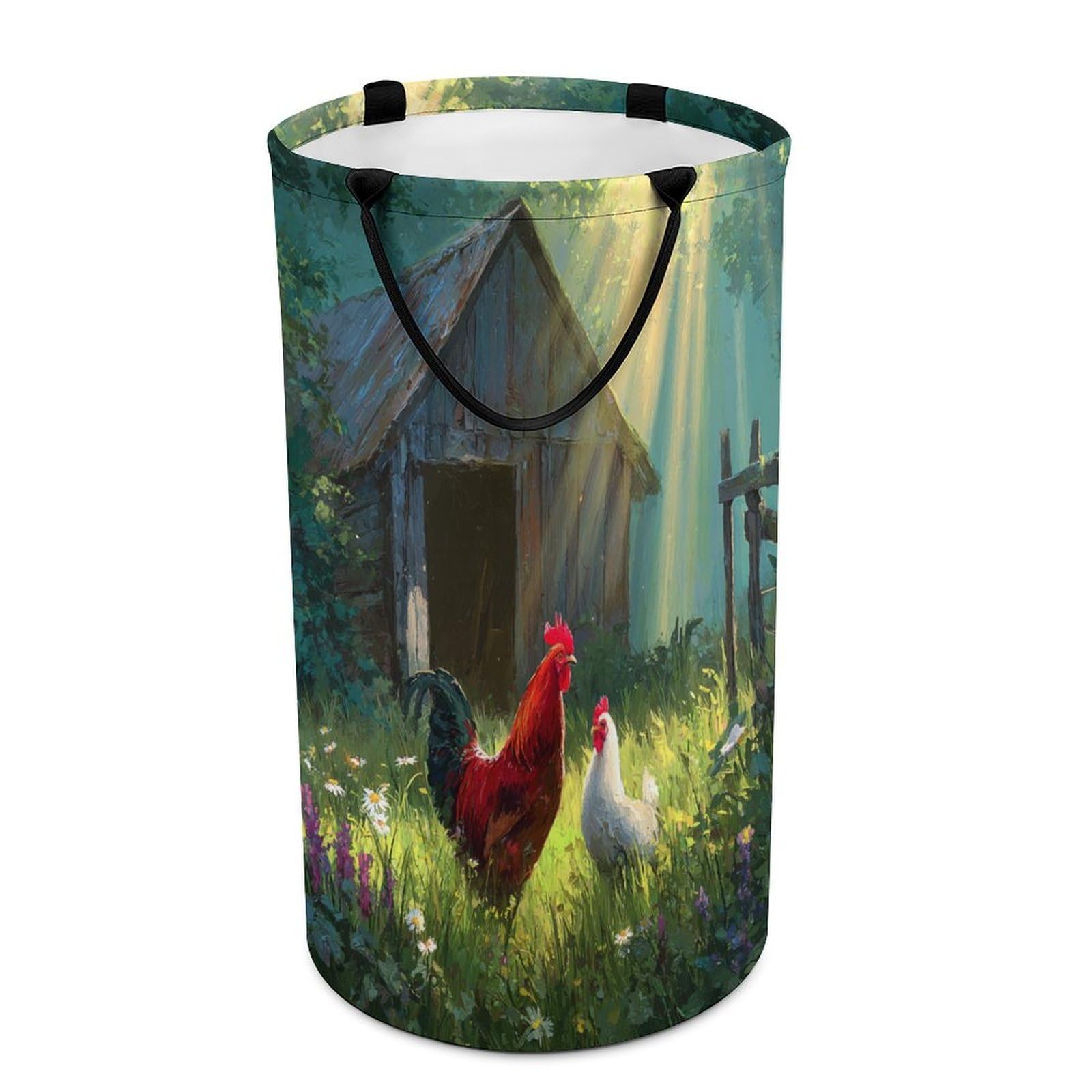 LUYYSKY Funny Abstract Chicken Rooster Versatile Storage Laundry Basket, Classic Oil Painting Farmhouse Barn Farm Animal Rooster Large Capacity Bathroom Hamper With Handle
