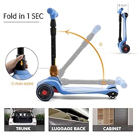 LOL-FUN Scooter for Kids Ages 3-5 Years Old Boys Girls with 3 Wheel LED Lights, Extra-Wide Childrens Foldable Kick Scooter for Kids Ages 6-12 Toddler with 4 Adjustable Height and Lean-to-Steer - Blue