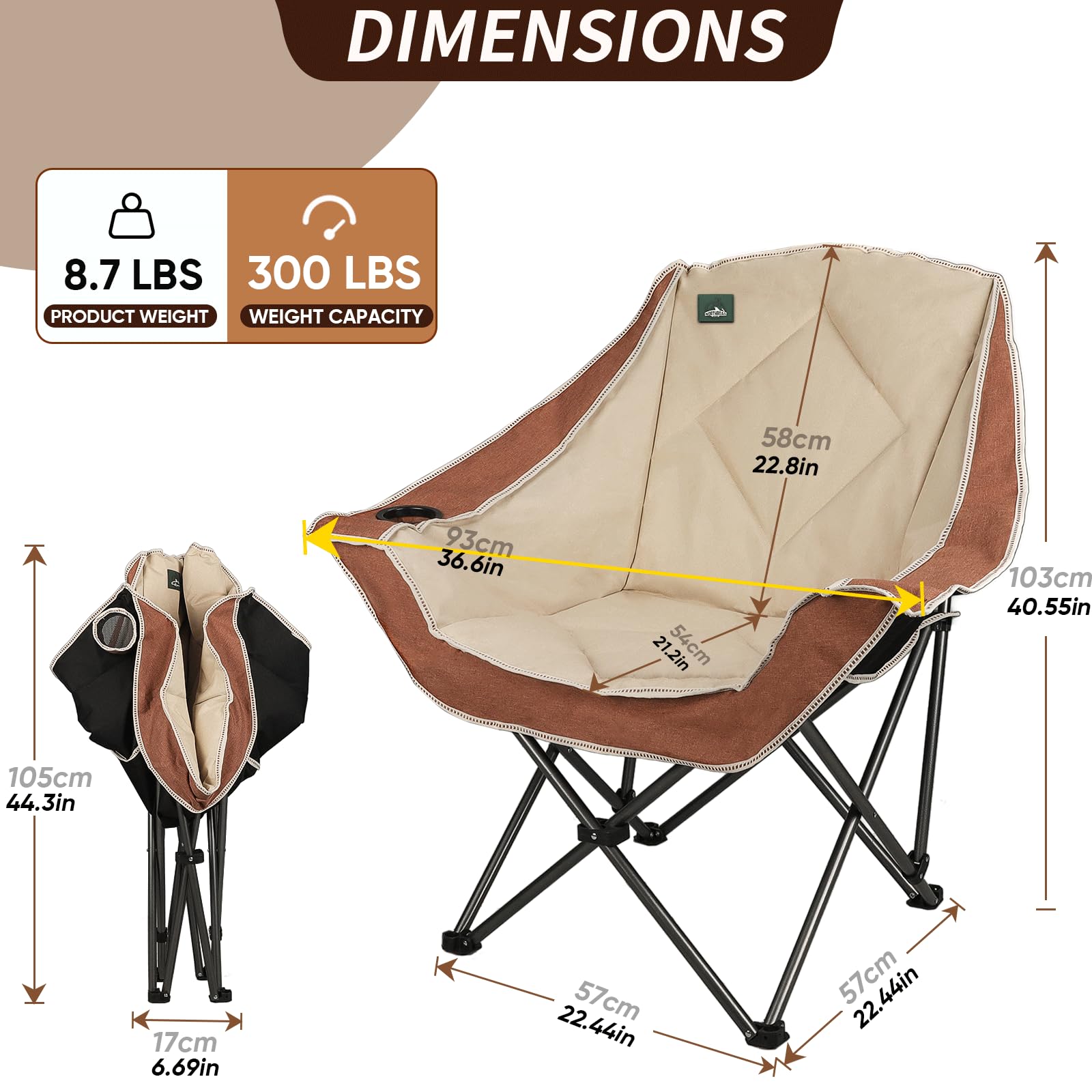 Northroad Sedia da campeggio pieghevole, sedia da campeggio portatile oversize con portabicchieri, sedia imbottita resistente per esterni, portelloni, spiaggia e sport, Moca