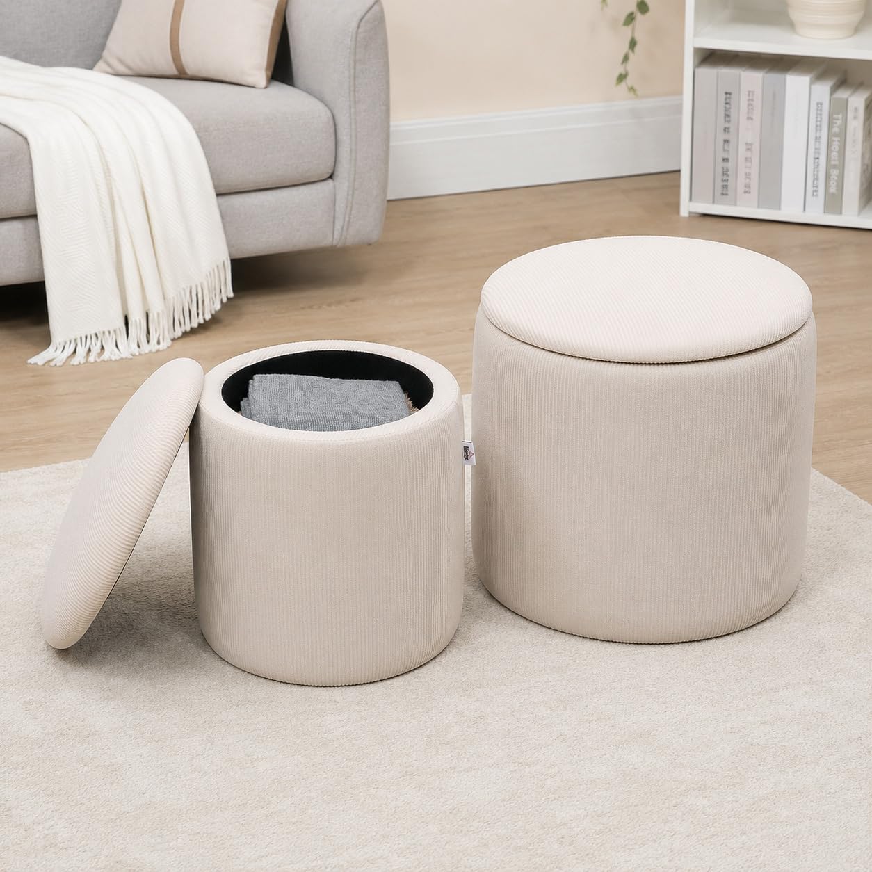 HOMCOM Poufs Tabourets Repose-Pieds Lot de 2 Ø40 cm et Ø30 cm, Crème