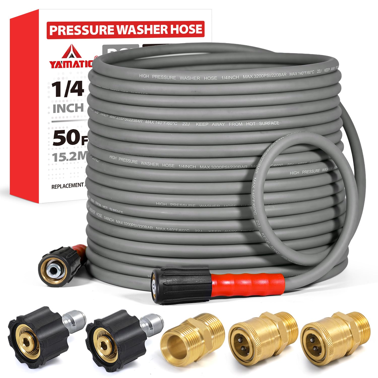 yamatic flexible pressure washer hose 50 ft 1/4", m22-14mm females | with 3/8" quick-connect adapters, 3200 psi kink-resistant, replacement/extension hose for power washing, grey