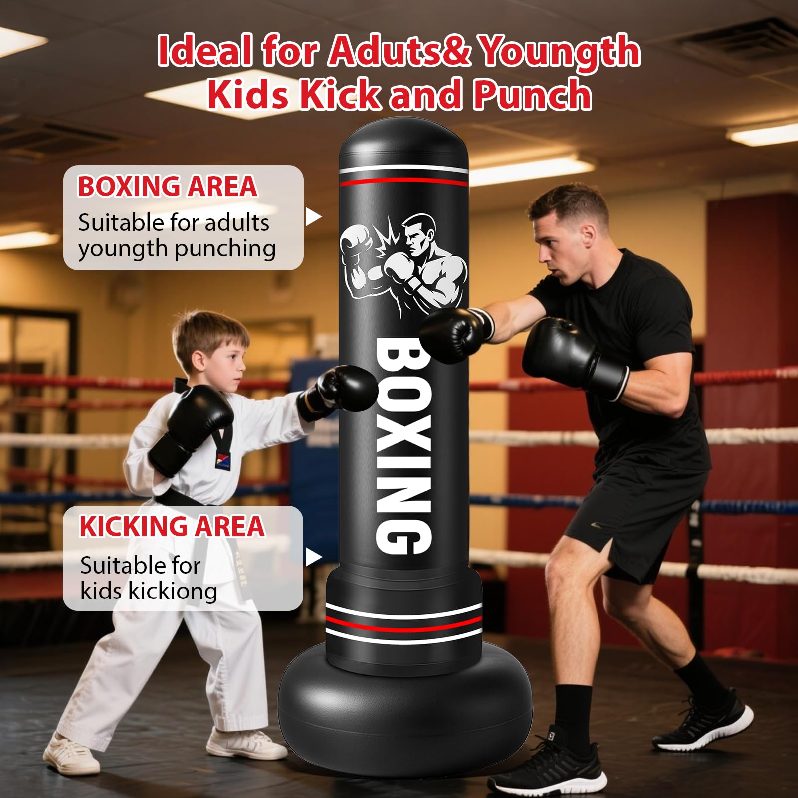 Saco de Boxeo Adultos, 190cm Sacos de Boxeo de Pie on Guantes y Bomba de Aire, Punching Ball Inflable Entrenamiento para Karate, Kickboxing, PVC Fitness Boxeo Regalo Ideal