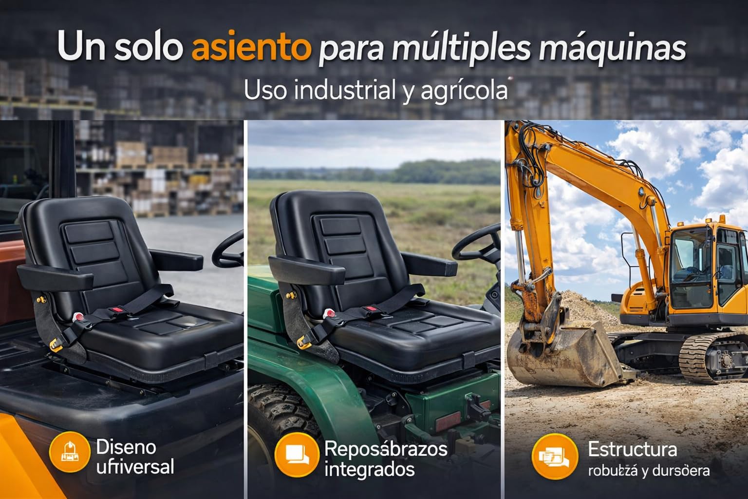 Asiento Universal para Carretilla Elevadora con Cinturón Fijo | Asiento PVC Negro con Reposabrazos | Compatible con Tractor, Excavadora y Maquinaria Industrial | Resistente e Impermeable