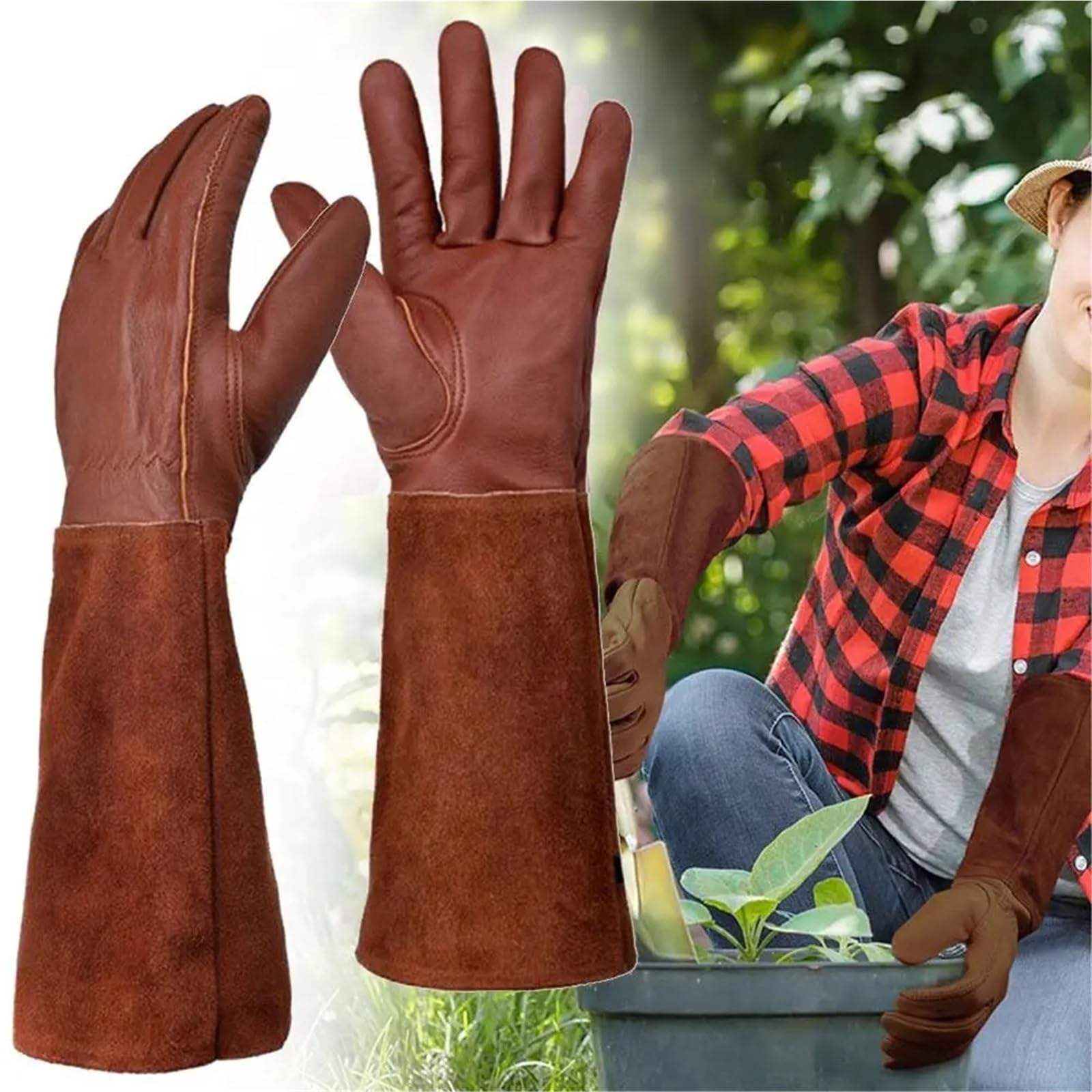 Lange Röhren-Gartenhandschuhe, Werkzeug, Leder, Beschneidungshandschuhe, dornensicher, Pflanzen, Gartenhandschuhe, Garten Für die Gartenarbeit(XL)