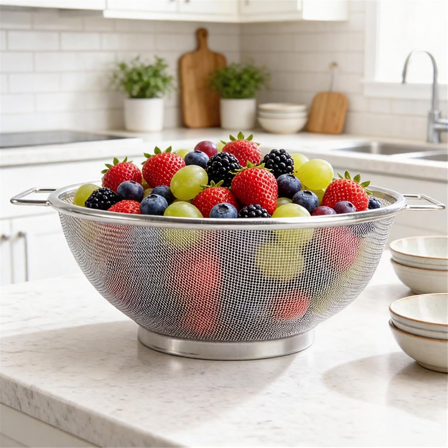 Meshed Colander Basket Stainless Fine Meshed Net Colander with Double Handles for Washing Vegetables and Noodles Strainer Strainer Basket