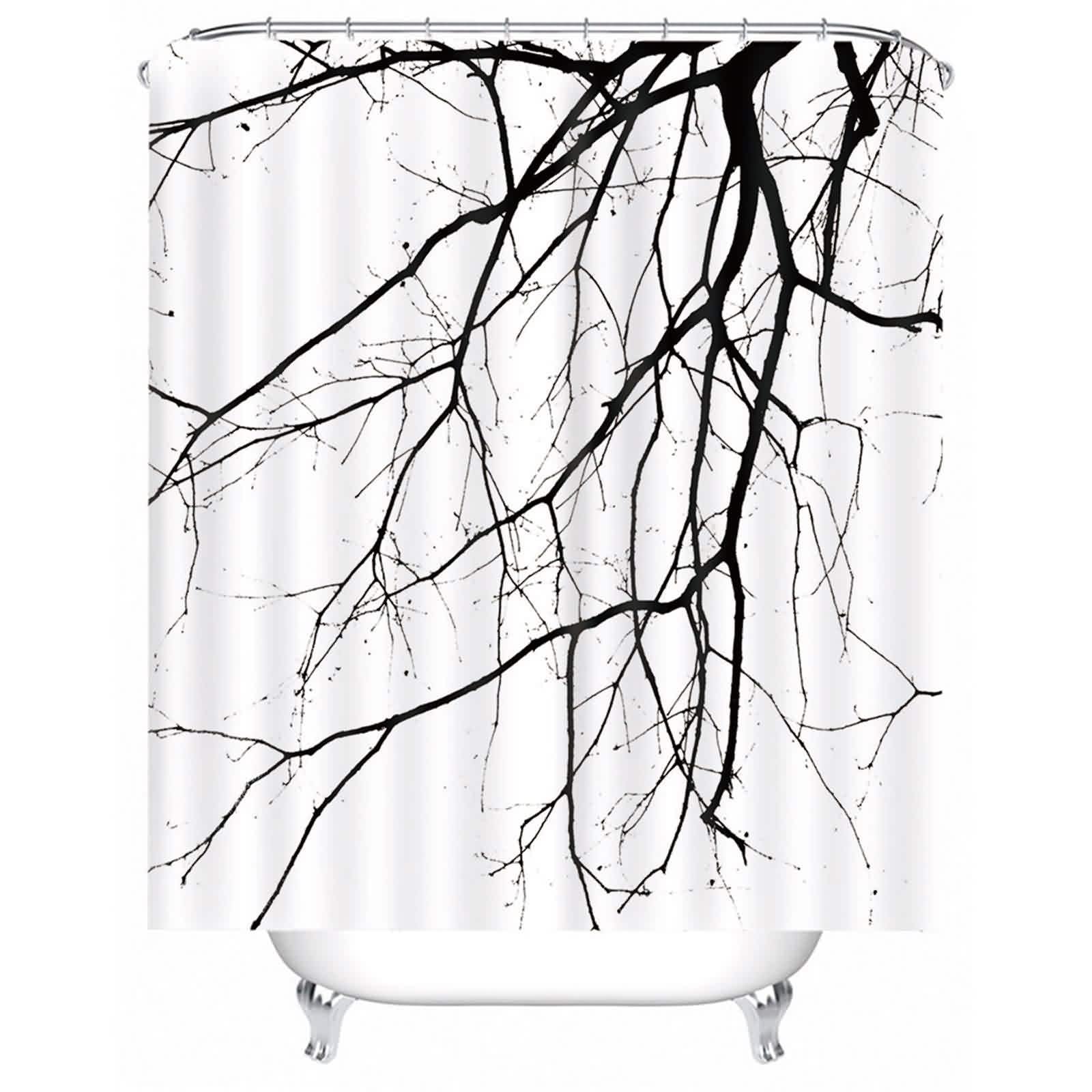 Rideau de douche noir blanc 200x180cm lavable avec branche d'arbre et 12 crochets inclus