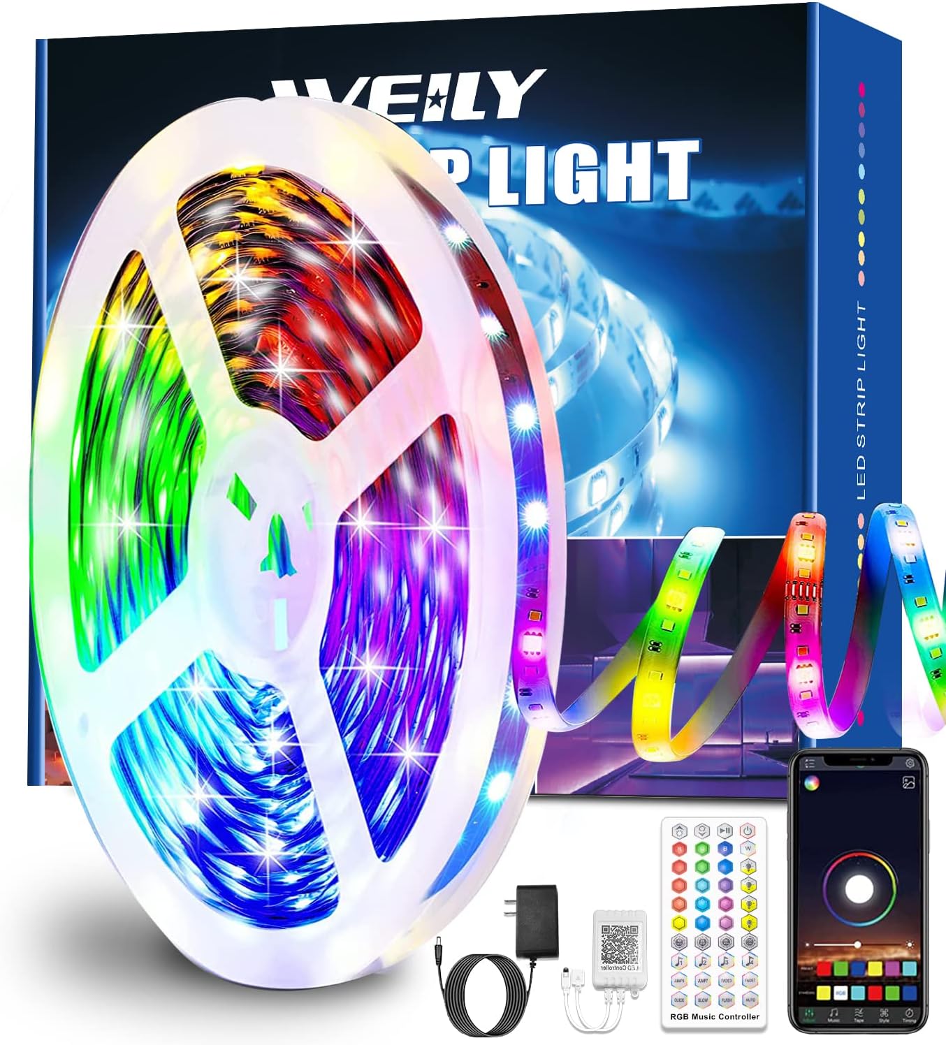 WEILY LED Strip Lights 50ft Bluetooth, Music Sync Color Changing RGB LED Light Strip with Smart APP Control,Remote Control and Box Control