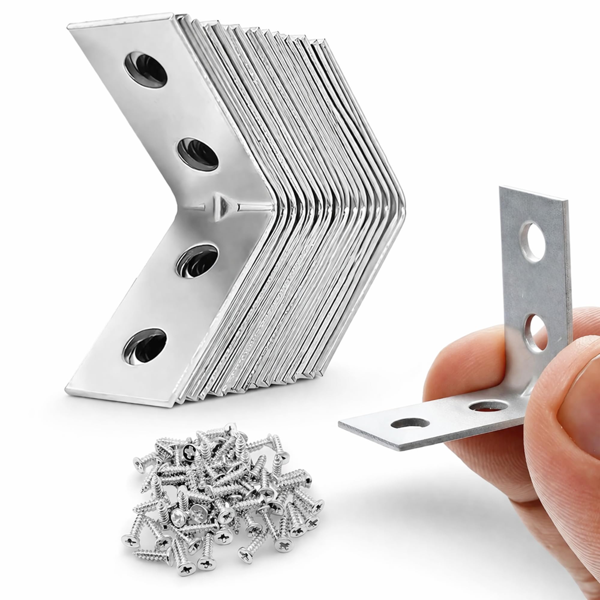 Navoys Silver 16Pc Corner Brace Support Bracket Set With 64 Screws, 25 X 25Mm Galvanised Iron Angle Brackets, 90 Degree Metal Corner Braces For Shelves, Cabinets, Furniture Repair And Diy Fixing