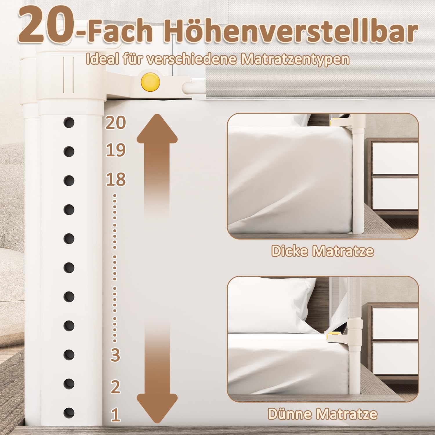 Eulenke Bettgitter Klappbar 200 cm, Bettgitter Rausfallschutz, Bettschutzgitter für Kinder Höhenverstellbar 68-95cm, einfache Montage Babybettgitter Kinderbettgitter