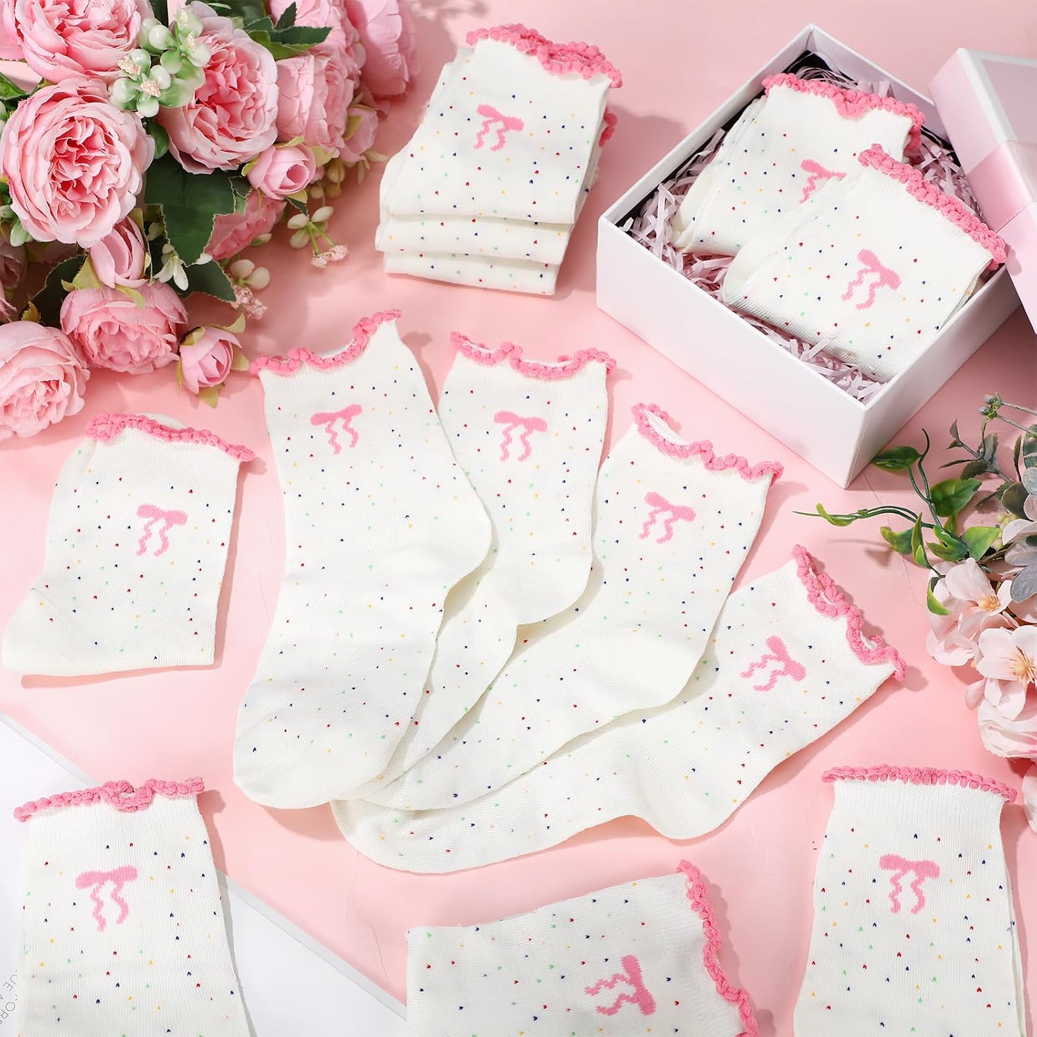 Chicingyou 10 Pairs Women Ruffle Socks Coquette Girly Frilly Cotton Crew Sock Bow Animal Heart Breathable Ankle Socks