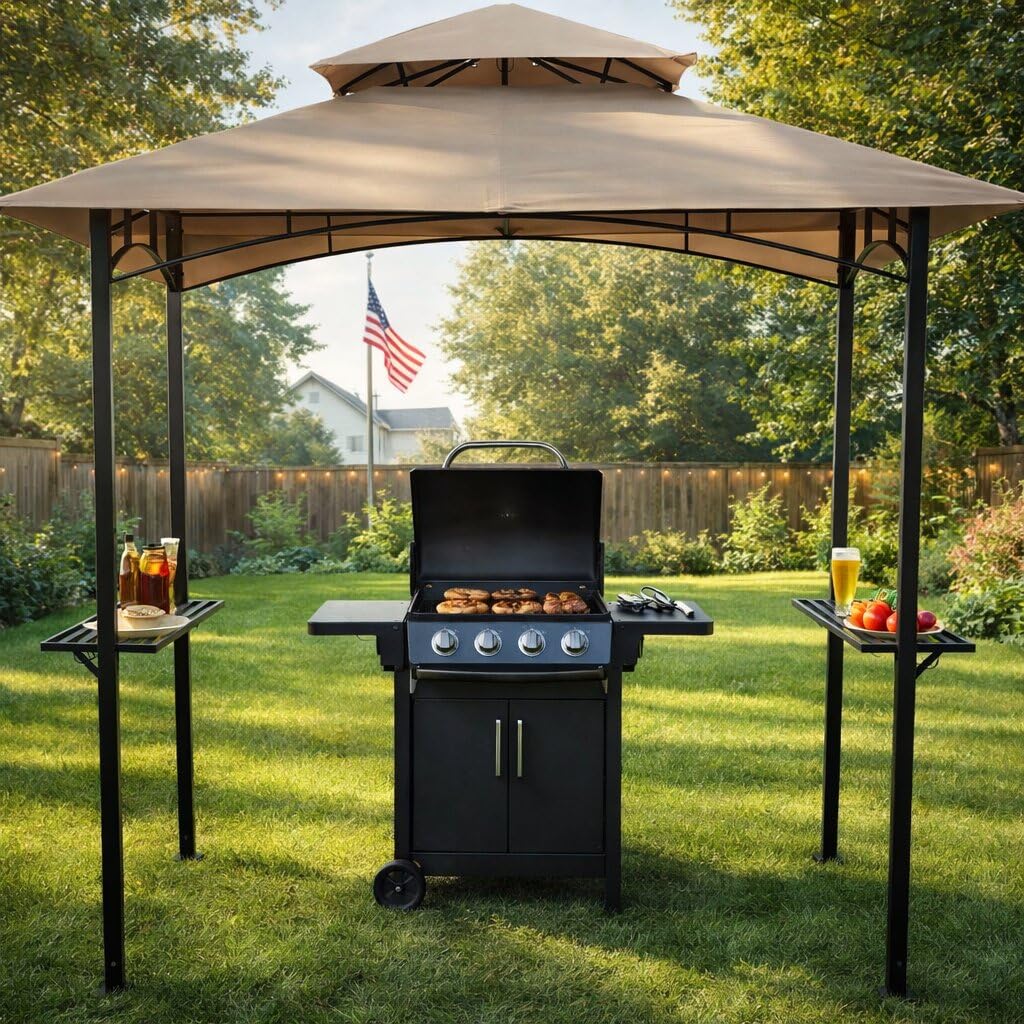 Kozyard Andra 8' x 5' BBQ Grill Gazebo Canopy Tent, Soft Top Vented Roof, Steel Frame with Side Shelves & Utensil Hooks, 4 Magnetic Detachable LED Lights, Outdoor Grill Shelter