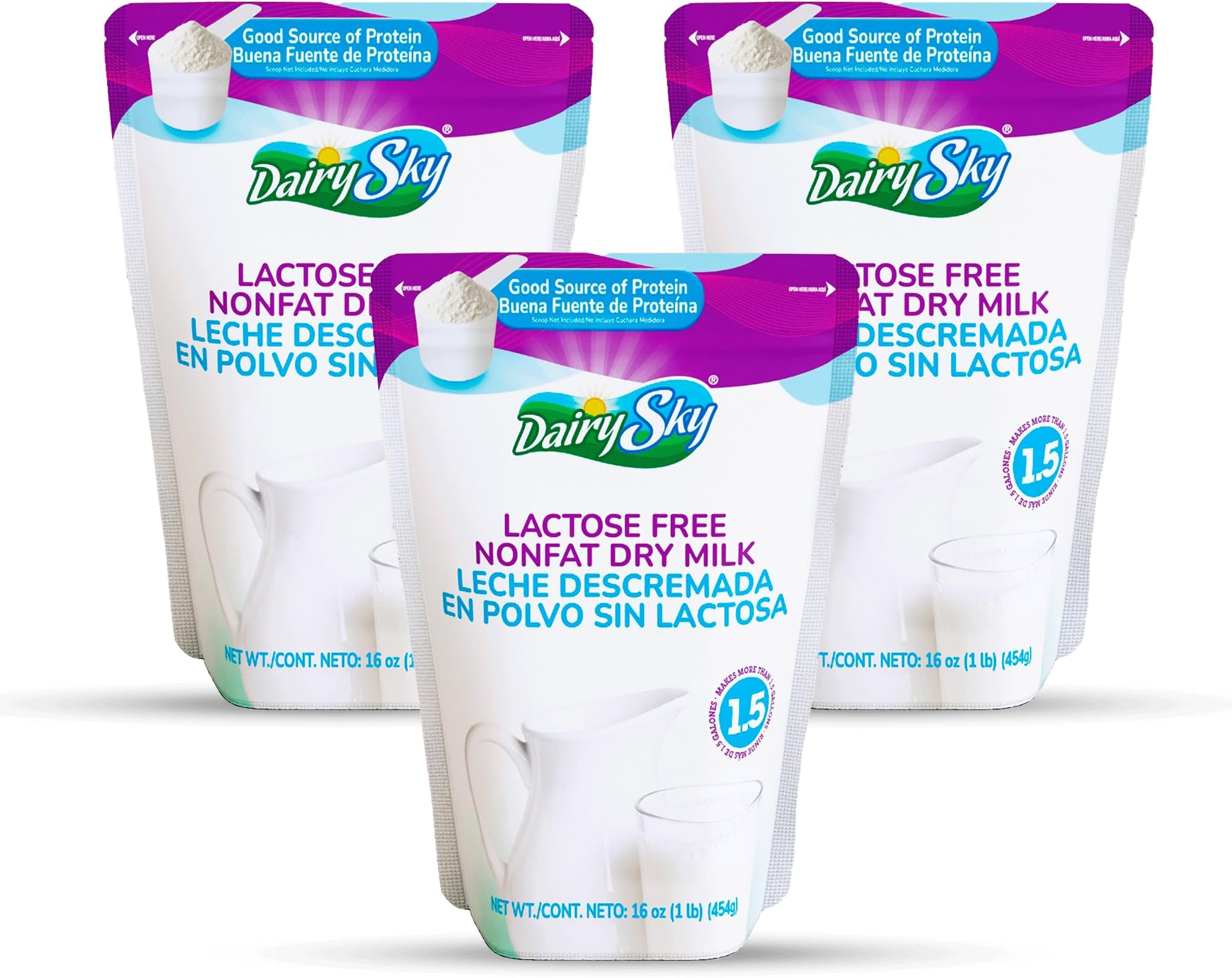 DairySky Lactose Free Milk Powder 16 Oz - Non GMO Fat Free Powdered Milk for Baking & Coffee, Kosher with Protein & Calcium, Great Substitute for Liquid Milk, RBST Hormone Free - 3 Pack