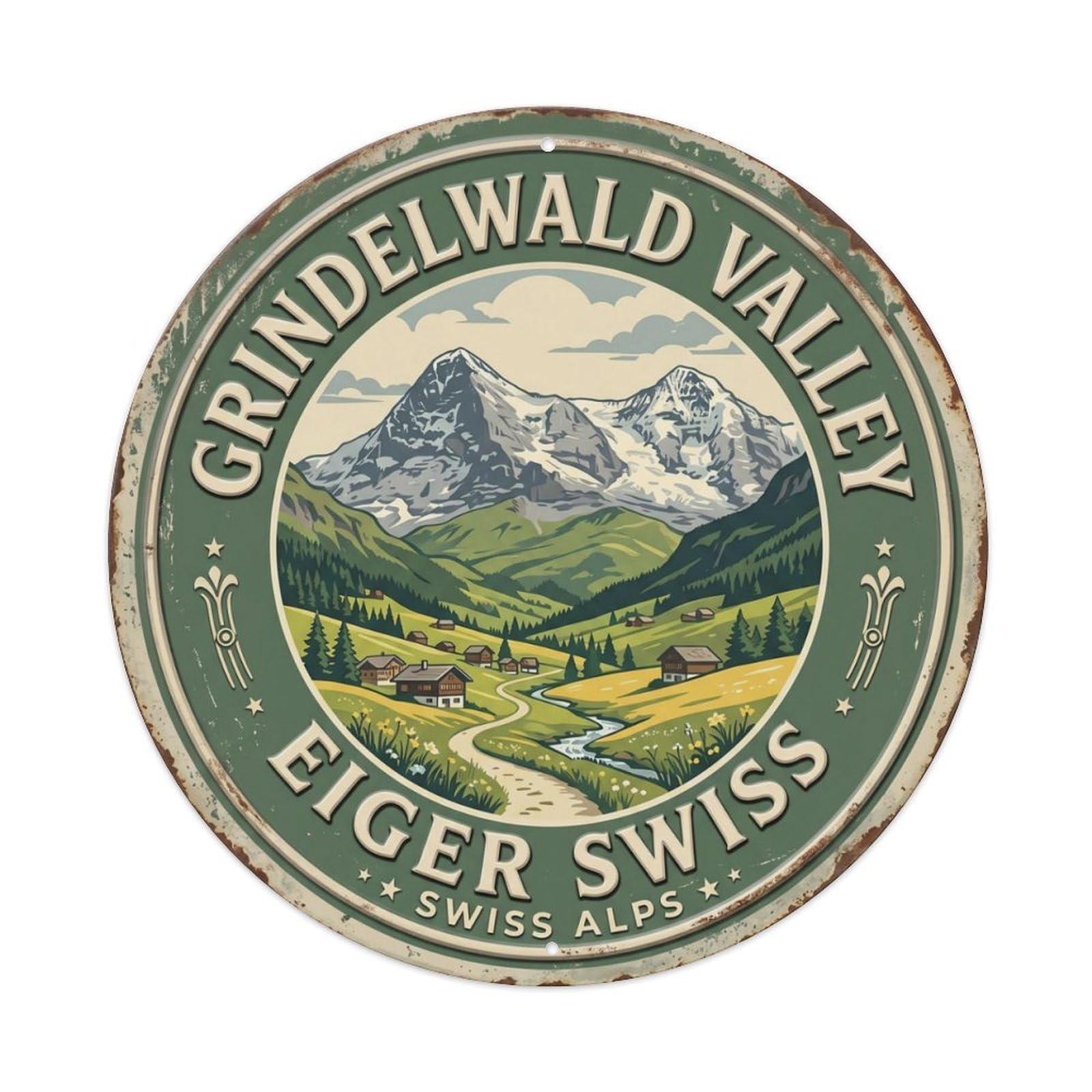 Grindelwald Valley Eiger Switzerland Alpine Metal Tin Sign Plaque Wall Decor for Cafe, Club Bar, Office, Home Garden Round Metal Poster 8x8Inch