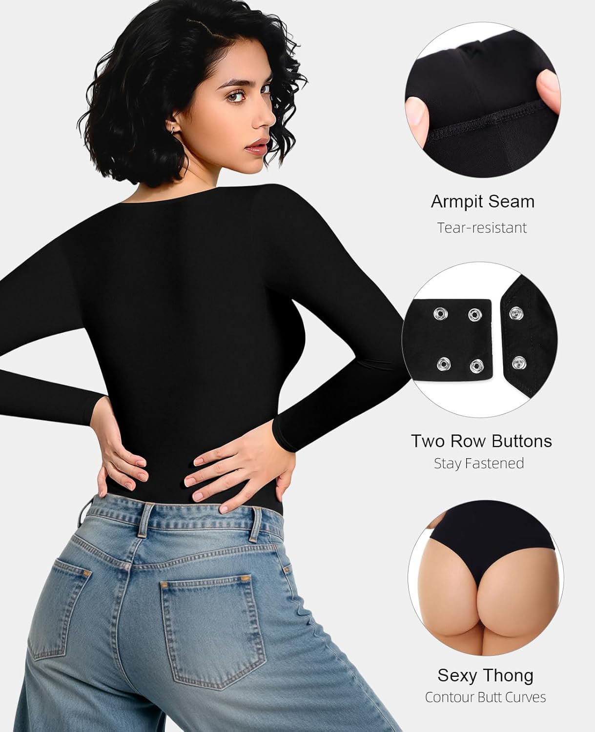 Long Sleeve Bodysuits for Women V Neck Body Suits Double Lined Bodysuit - Image 4