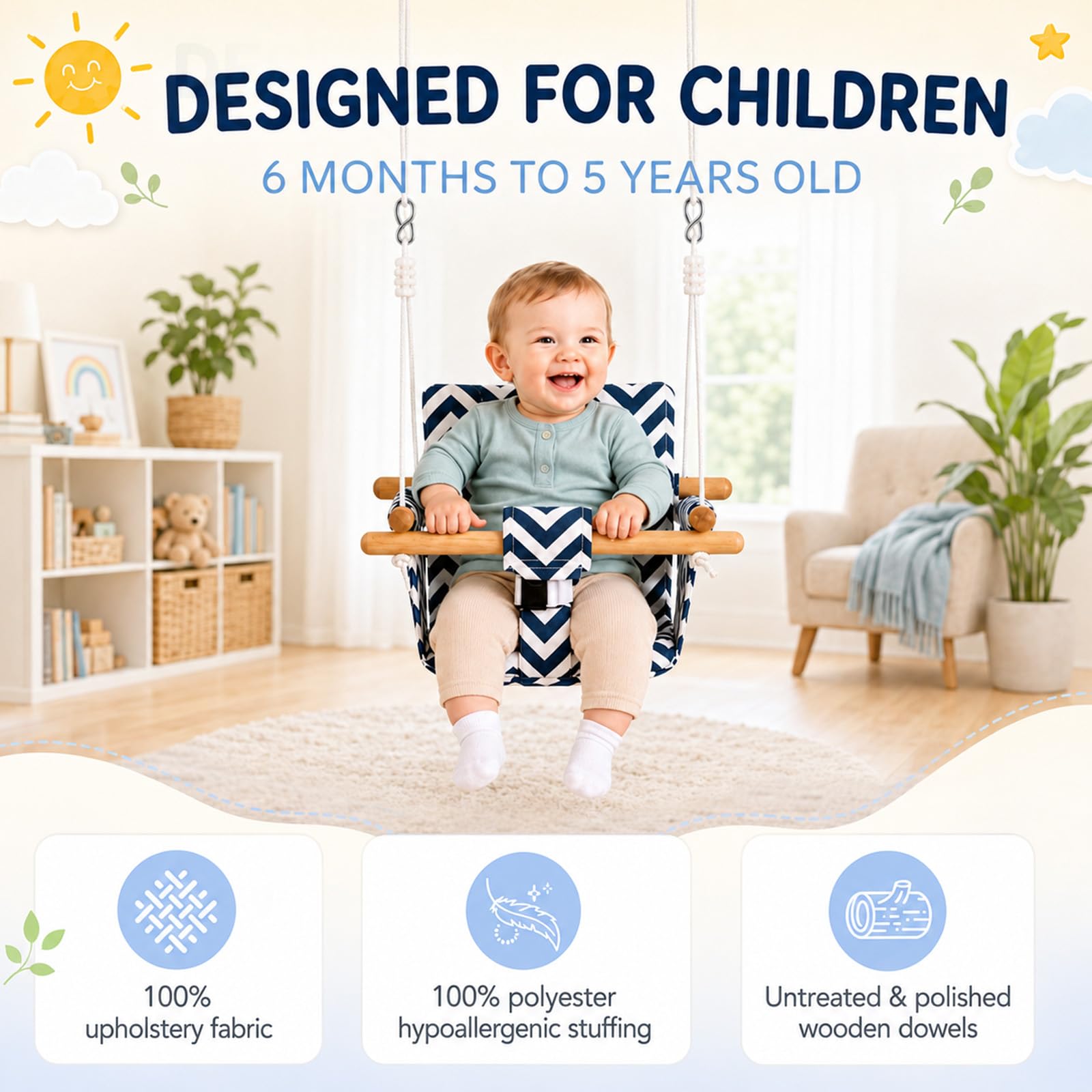 Columpio infantil de madera con cinturón de seguridad, con hebilla de seguridad, altura regulable, para interior y exterior, para marco de puerta, columpio de madera para bebés y niños de 6 meses a 3