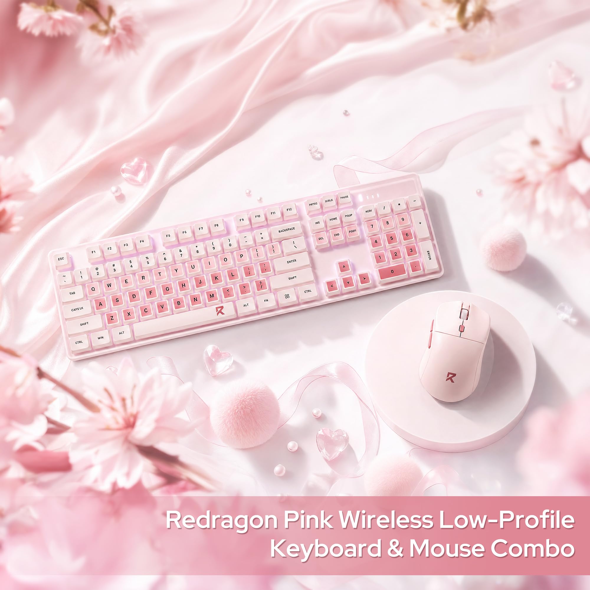 Redragon BS8531 Combo Teclado Ratón Inalámbrico 4000 dpi Rosa | Teclas Planas Mecánicas LED Blanco 3 Tonos Diseño Ergonómico Conexión 2.4 GHz