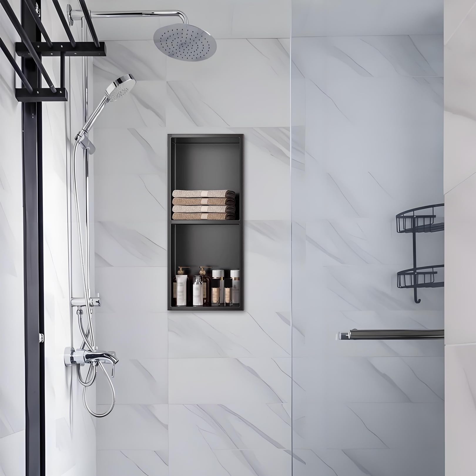 Étagère de douche encastrée LED noire mate pour ranger sans travaux de carrelage compliqués