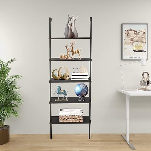Miniatura 2 de Estantería de escalera negra para montaje en pared, estantería de escalera de 5 niveles con estante de madera y marco de metal, estantes Negro y