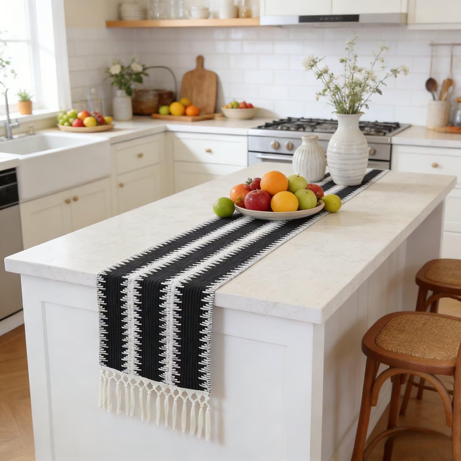 Ręcznie tkany bieżnik z bawełny i juty z frędzlami, rustykalny styl wiejski do kuchni artystycznej(Black Stripes,200cm)