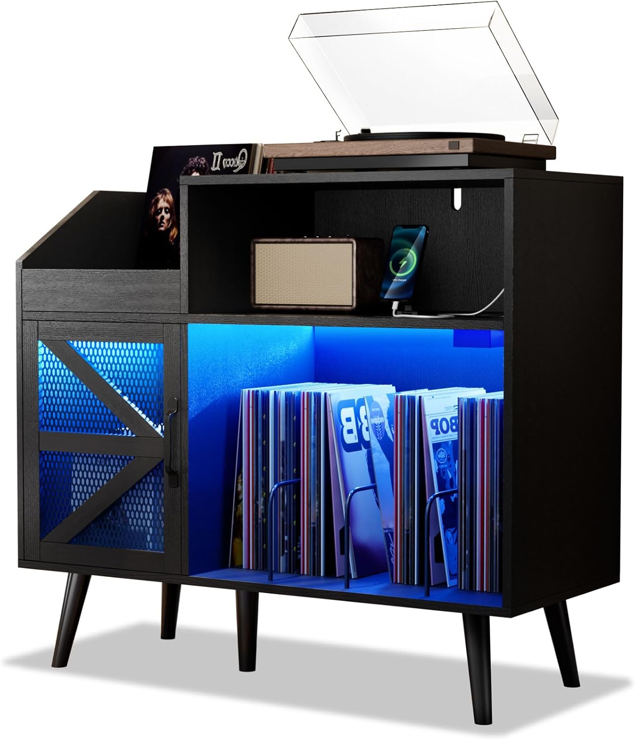 Soporte grande para tocadiscos negro con puerta magnética, armario de almacenamiento de discos de vinilo 350, mesa de tocadiscos con toma de