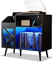 Vista 1 de Large Black Record Player Stand with Magnetic Door,350 Vinyl Record Storage Cabinet, Record Player Table with Power Outlet & LED Light,Turntable