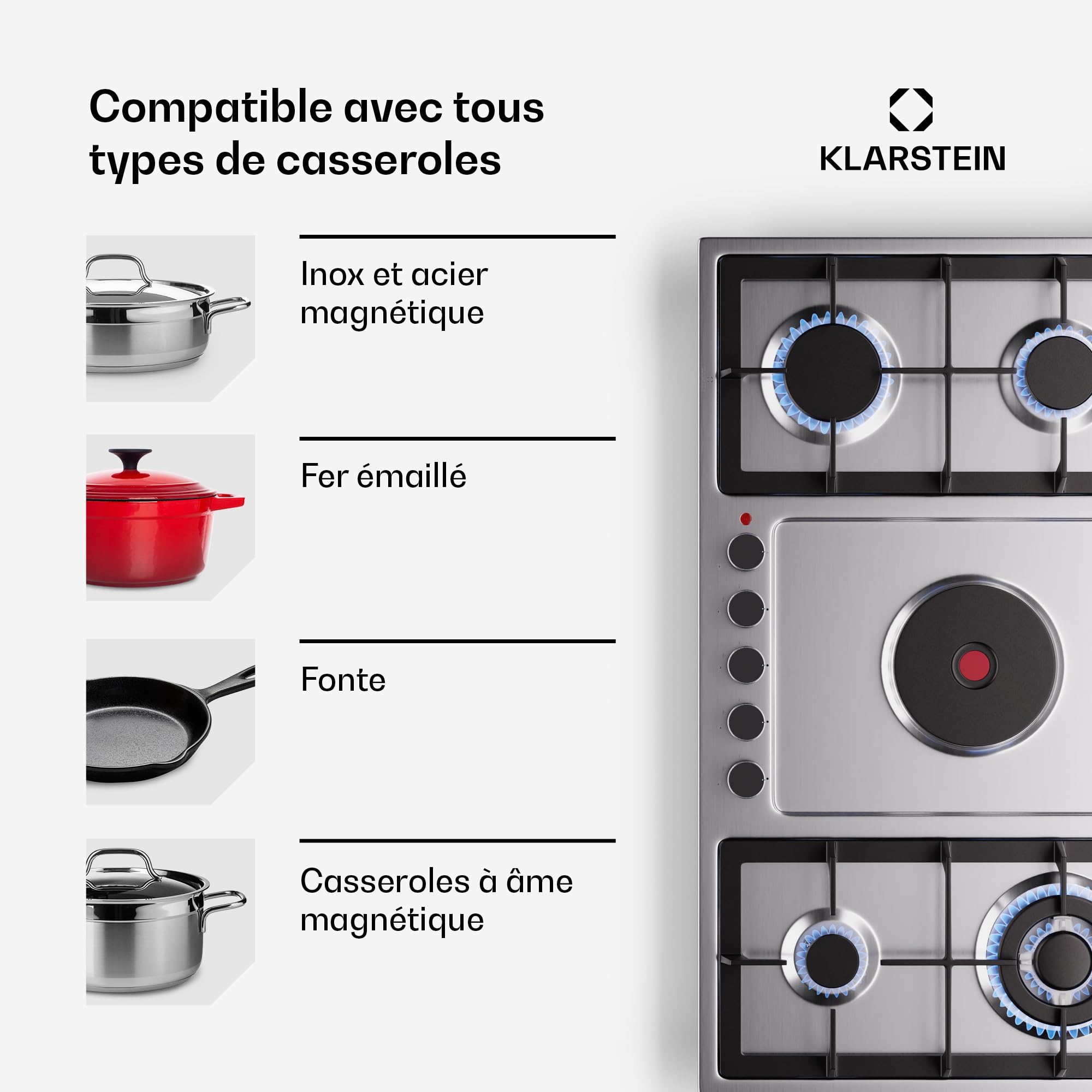 Klarstein MultiChef 5 Plaque De Cuisson Gaz Et Électrique, 4 Brûleurs Gaz & 1 Électrique, 10.1Kw, Acier Inoxydable, Allumage & Arrêt Automatique, Sécurité Enfants, Compacte 87X8X50Cm