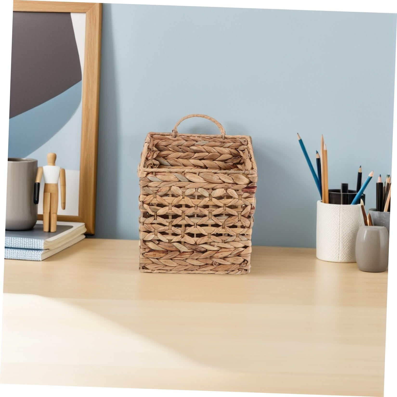 Cesta de Almacenamiento Colgante de Mimbre, Revistero de Pared Tejido, , Caqui, de Hierba y Metal, para Revistas y Plantas, Dormitorio y Salón