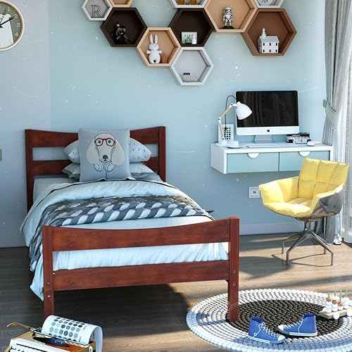 Miniatura 11 de Giantex - Marcos de cama individual de madera con cabecero, cama moderna con plataforma y soporte de listones de madera, espacio de almacenamiento