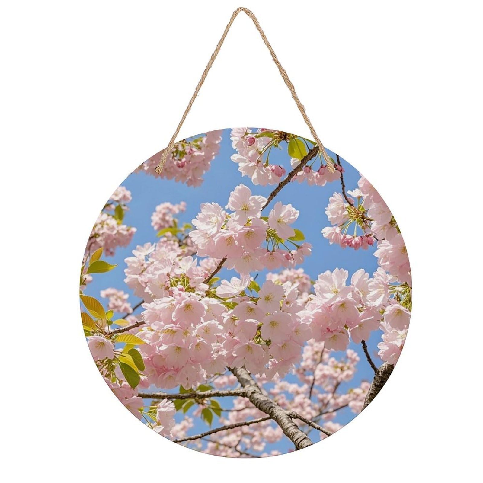 FekiLoot Round Cherry Blossom Wall Art Decor Painting Wooden Hanging Sign with Ropes Bohemian Wall Hanging Retro Mid Century Modern Wall Art for Home Bedroom Living Room 7.9x7.9 in