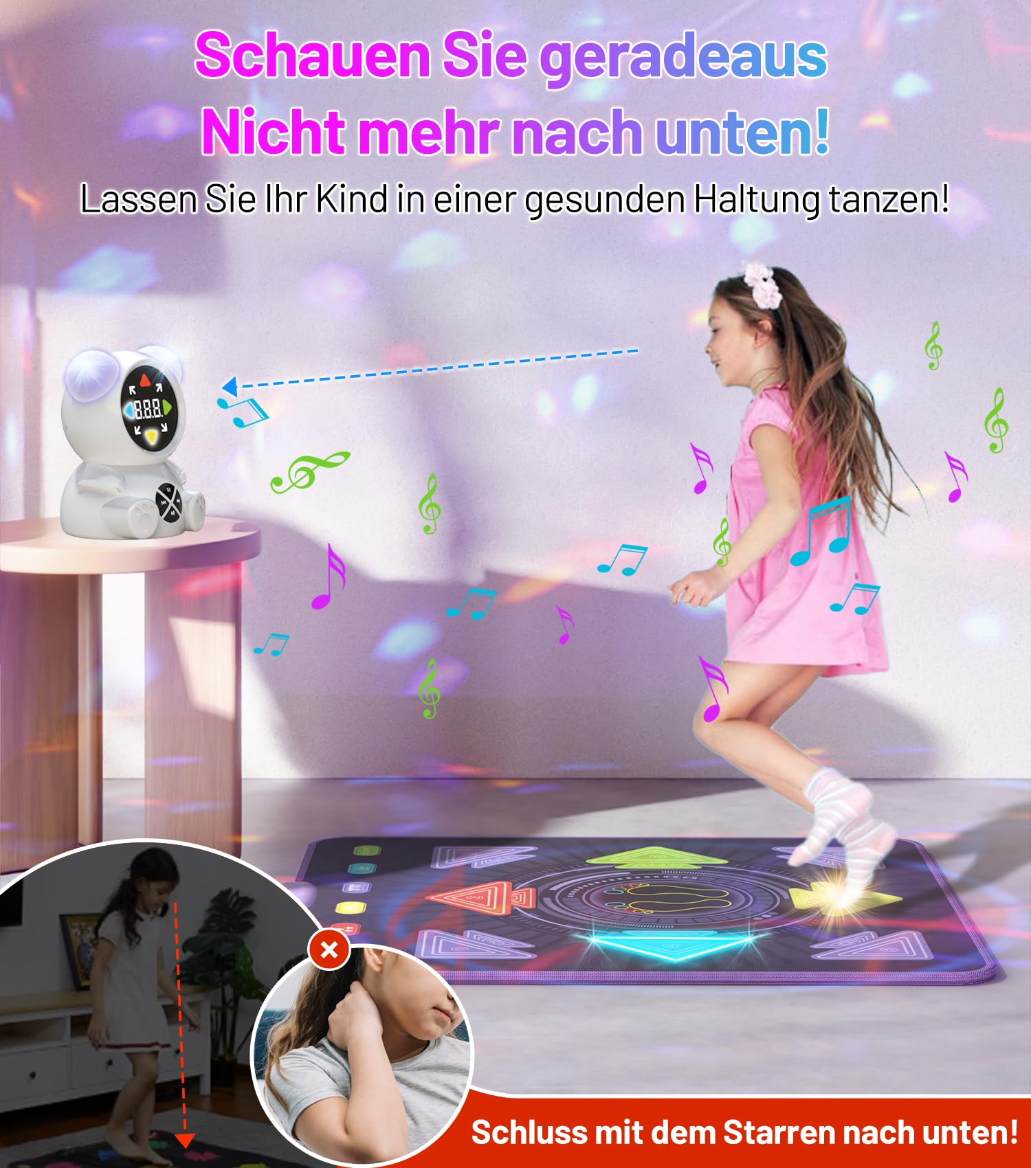 FWFX Tanzmatte Spielzeug für Mädchen Jungen: Geburtstagsgeschenke für Kinder im Alter von 3–12 Jahren, Wiederaufladbares Kindertanzmatten, Leuchtende Musikmatte mit Kabellosem Bluetooth-Musikplayer