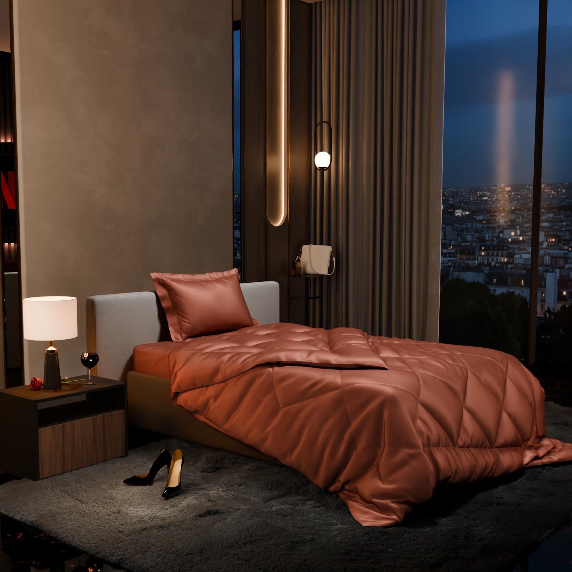 Stoa Paris 300 Tc Satin Comforter Set Single Bed with Satin Bedsheet & Pillow Covers, Complete Bedding Set, Ideal Gifts for Couples, Bedroom Home Furnishing, Date Night Collection - Melted Caramel