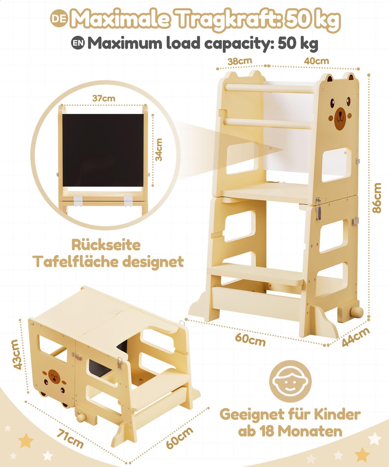 Yorbay Lernturm ab 1 Jahr Klappbar: 2 in 1 Montessori Learning Tower für Kinder mit Tafel - Tritthocker Verwandelbar in Kindertisch Lernstuhl - für Küche Bad und Kinderzimmer