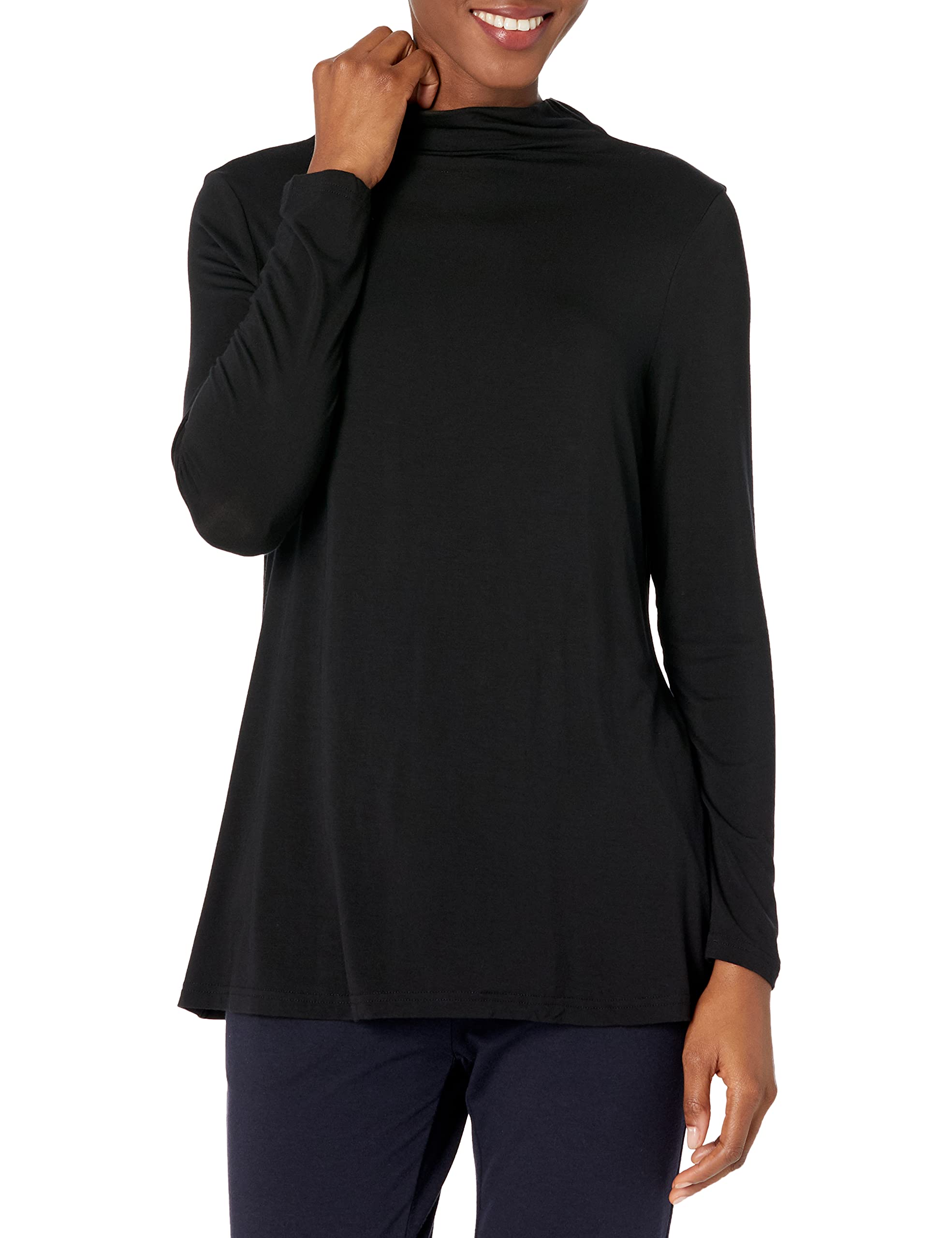 Amazon Essentials Women's Jersey Long-Sleeve Mock Neck Swing Tunic, Black, X-Large