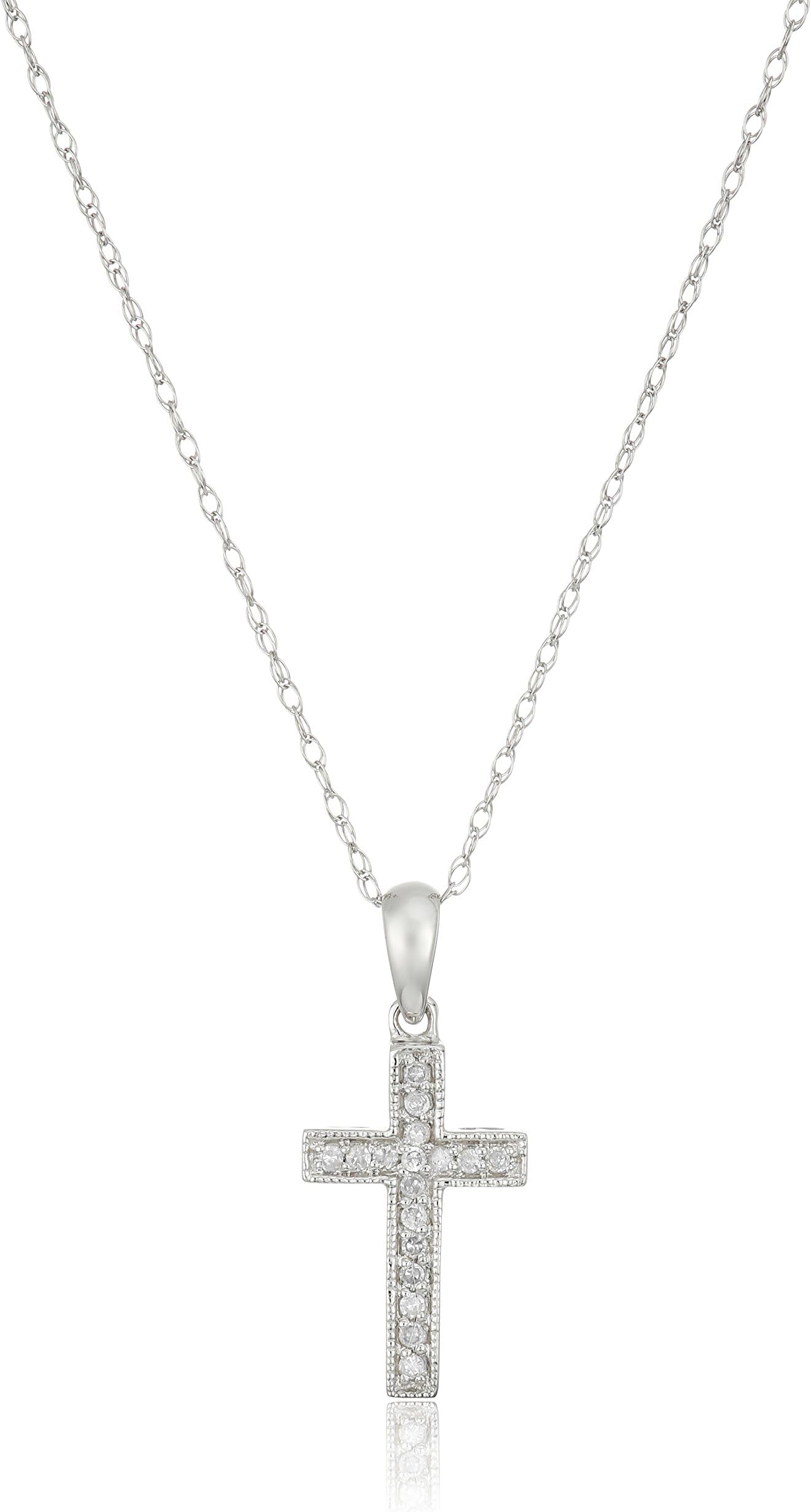 Amazon Collection 10k White Gold Diamond Cross Pendant Necklace (1/10 cttw, I-J Color, I2-I3 Clarity), 18''