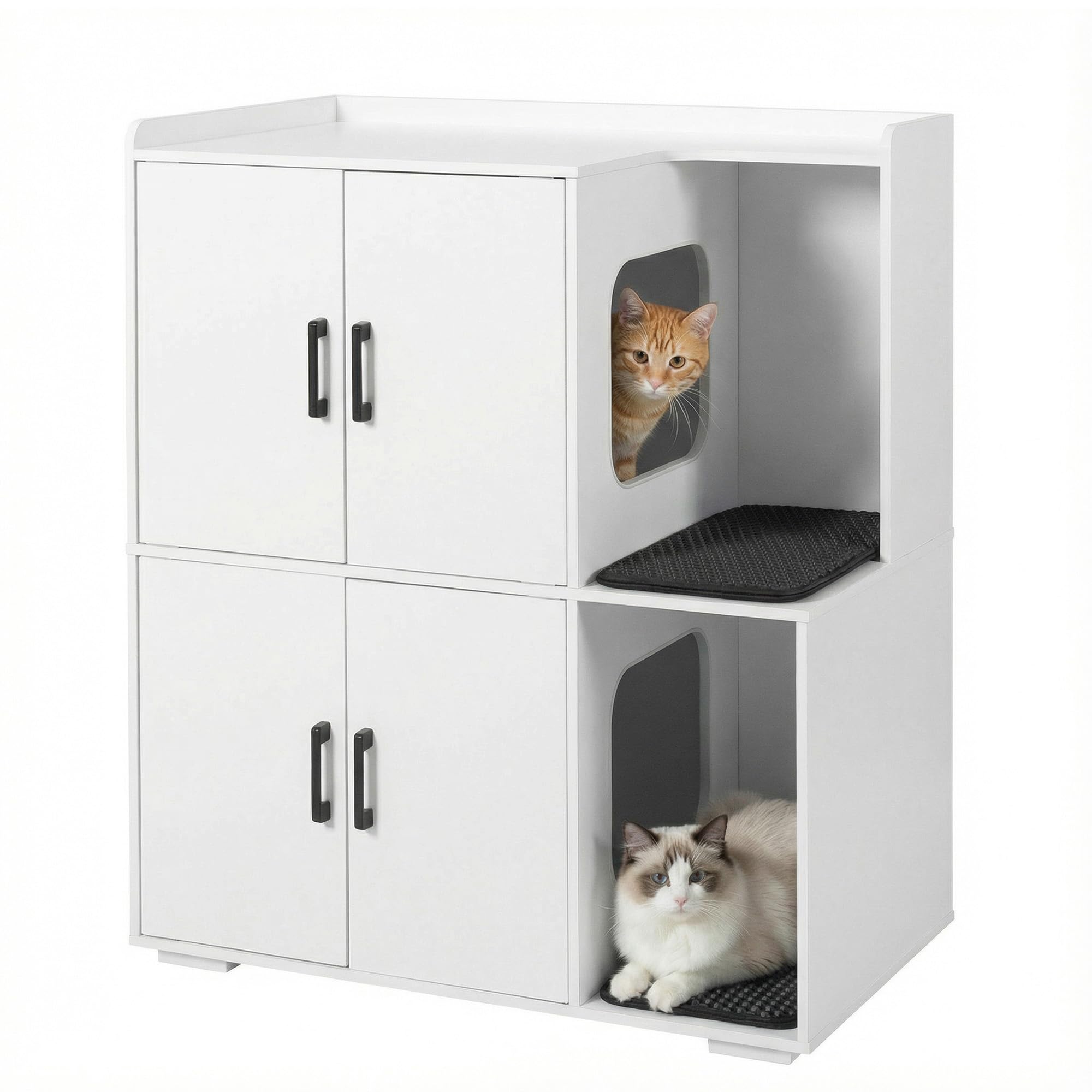 Katzenklo Schrank für 2 Katzen, Katzentoilette Schrank Zweistöckiger, Katzenklo Haus, Katzenhöhle Holz, mit Zwei Katzenstreu-Matten, 80 x 46.5 x 91.5 cm, Weiß