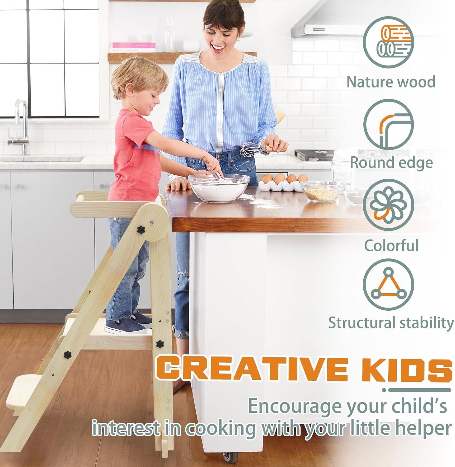 Foldable Toddler Kitchen Stool Helper, Toddler Tower with 3 Adjustable Height, Wooden Toddler Step Stool, Collapsible Toddler Tower, Toddler Stool for Kitchen and Bathroom (Nature)