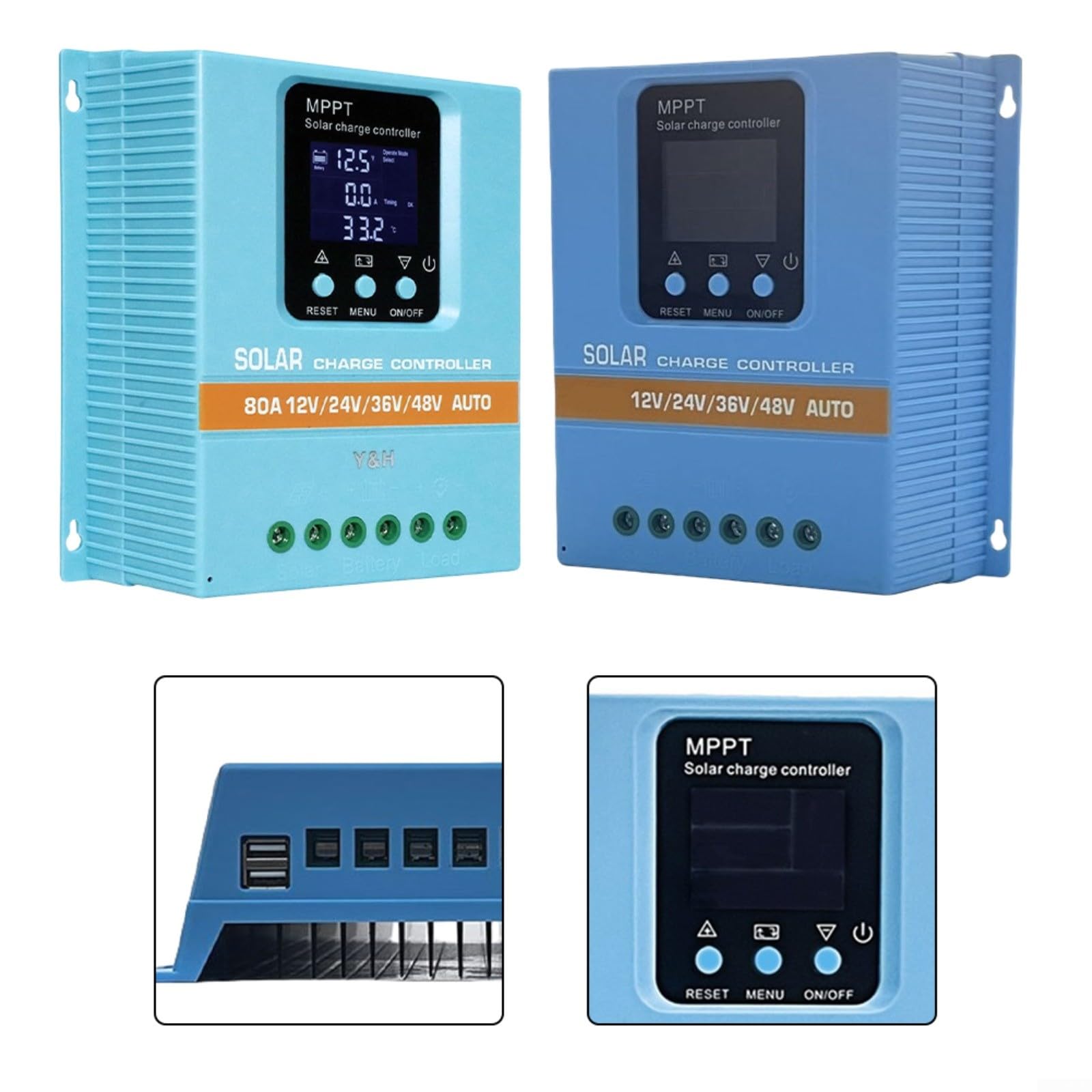 MPPT Regulador de carga solar 60A/80A con pantalla LED para sistemas de 12 V, 24 V, 36 V, 48 V, detección automática de voltaje y protección contra llamas para caravanas, barcos y sistemas