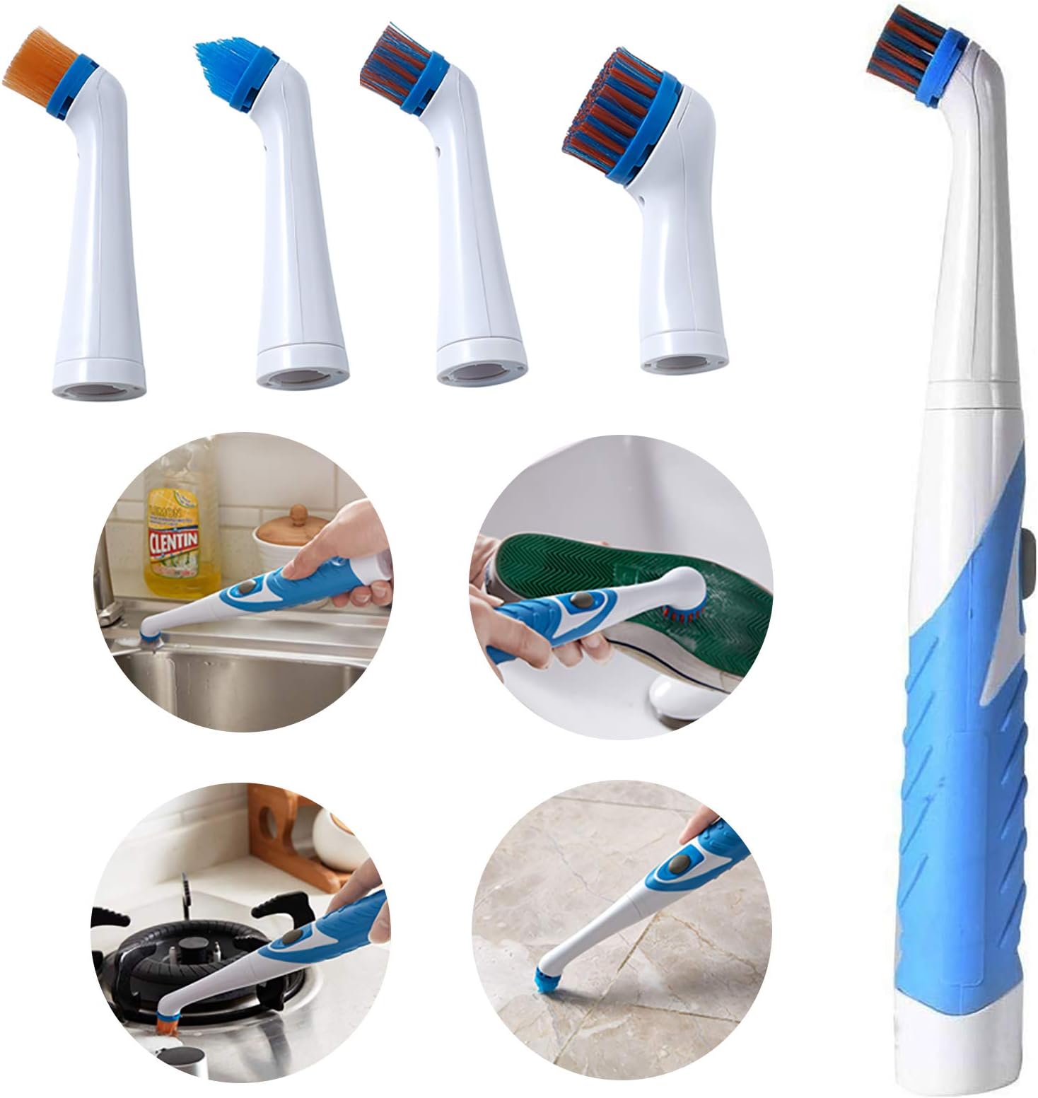 Vivo Technologies Electric Scrubber Cleaning Brush Electrical Brush Cleaner Spin Scrubber Cordless Cleaning Gadget with 4 Heads for Bathroom Household Tub Tile Floor Wall Kitchen