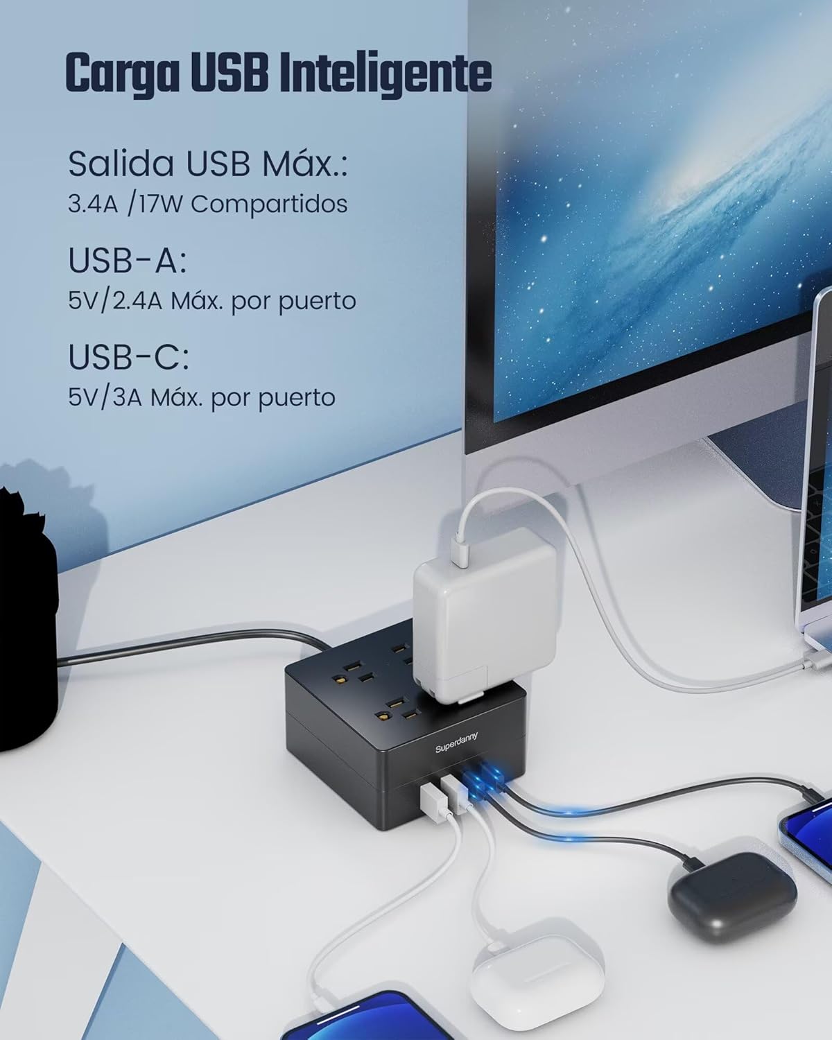 Power Strip, SUPERDANNY 4-Outlet 4-USB Surge Protector, 5 Ft Extension Cord, 900 Joules, Overload Switch, Grounded, Mountable, Desktop Charging Station for Home, Office, School, Dorm, Computer, Black