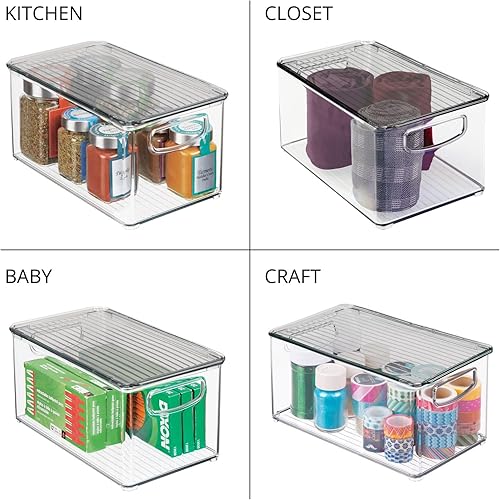 Miniatura 8 de mDesign Caja de almacenamiento de plástico profundo para baño, asas con tapaintegradas, organización para maquillaje, herramientas de peinado del