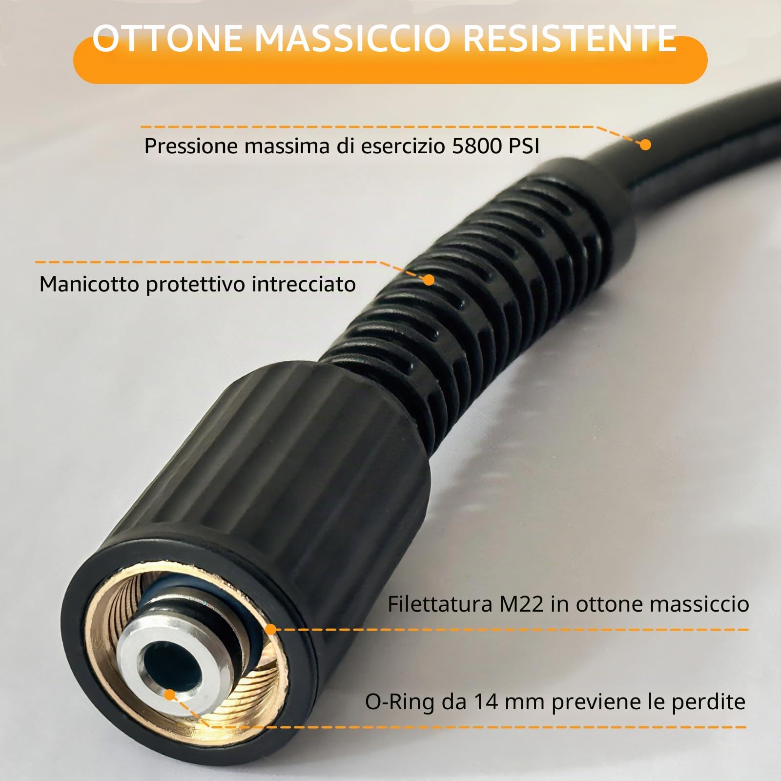 20M Tubo di prolunga resistente alle pieghe M22 per idropulitrice con raccordo filettato in ottone, tubo per idropulitrice ad alta pressione 2610 PSI, tubo di ricambio per idropulitrice M22-14mm