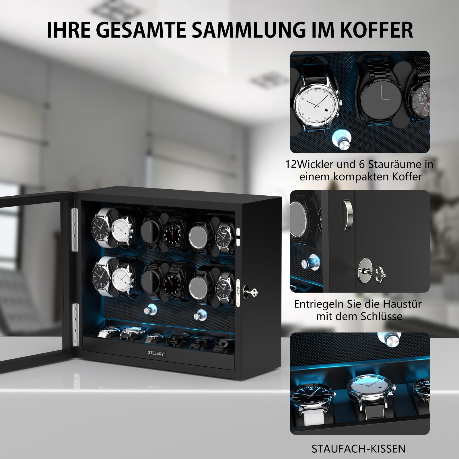 XTELARY Uhrenbeweger für 12 Automatikuhren, Abschließbarer Automatikbeweger mit Extra 6 Uhrenfächern, 4 Rotationsmodi, Flexible Uhrenkissen, Leiser Mabuchi Motor und Blaue Hintergrundbeleuchtung,Black