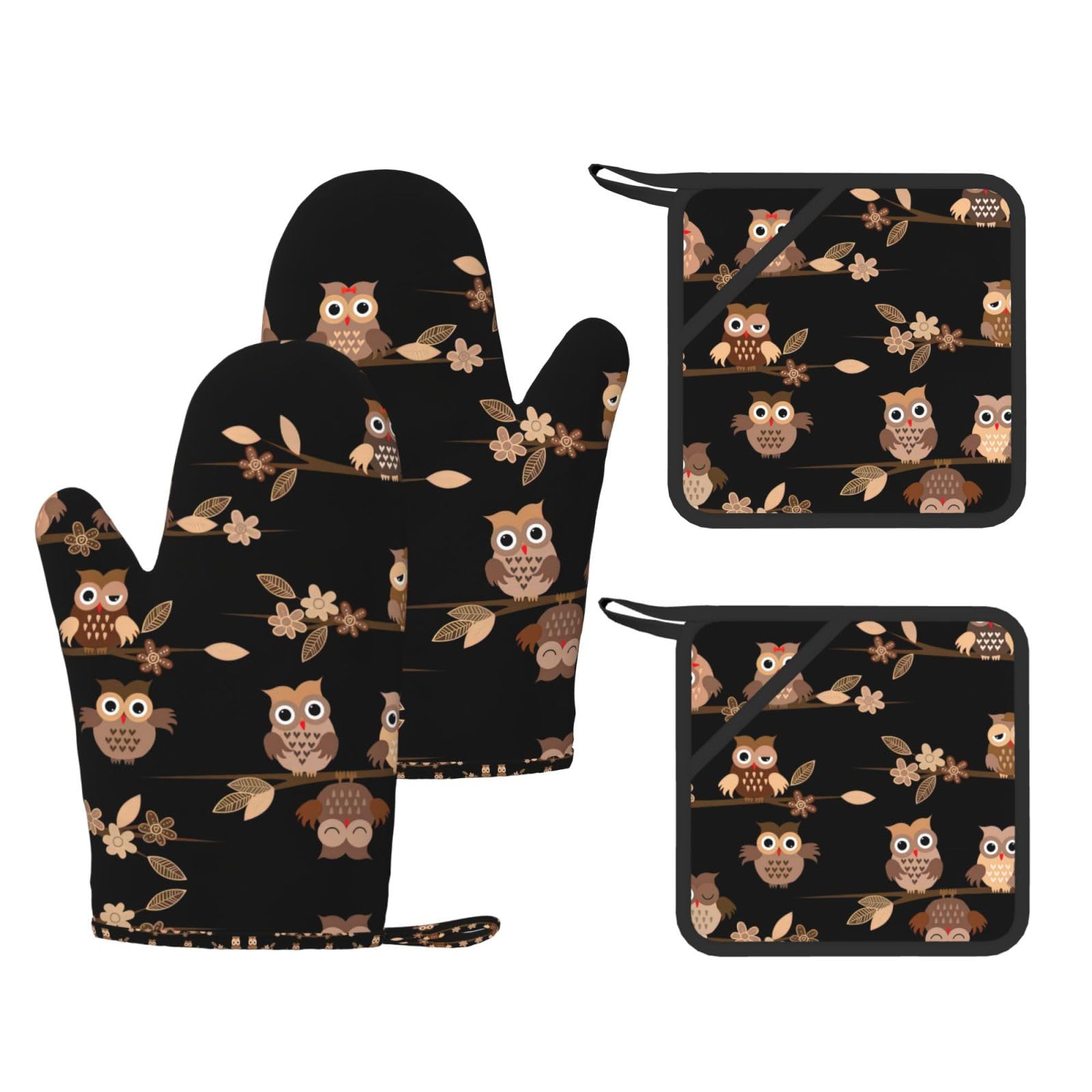 Cute Brown Cartoon Owls Trendy Printed Kitchen Set with Heat Resistant Gloves & Non-Slip Hot Pads for Baking & Grilling