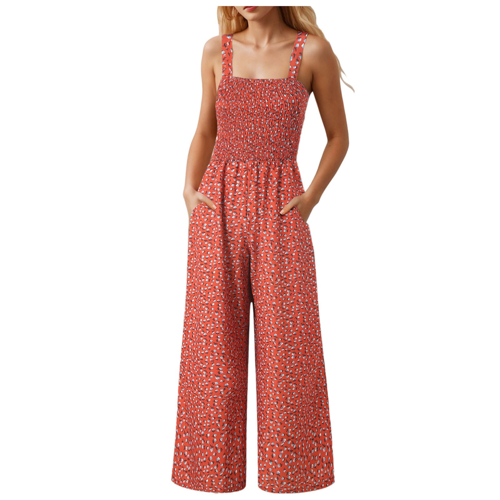 Mono Mujer Verano Elegante Monos de Vestir Estampado Floral Peto de Pierna Ancha Mono Mujer Casual Sin Mangas Pantalón Rompers Verano Tirantes Anchos Peto con Bolsillos Holgado Clásico Palazzo