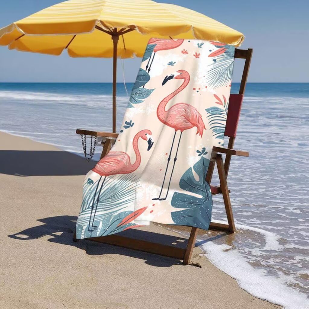 Toalla de Playa Grande 220x100cm/35x70cm, Juego de 2 Toalla Microfibra XXL de Antiarena, Toallas Playa Suave Ligera, Absorbente Secado Rápido, Beach Towel Viaje, Regalo Mujer Hombre (Flamenco) I-82