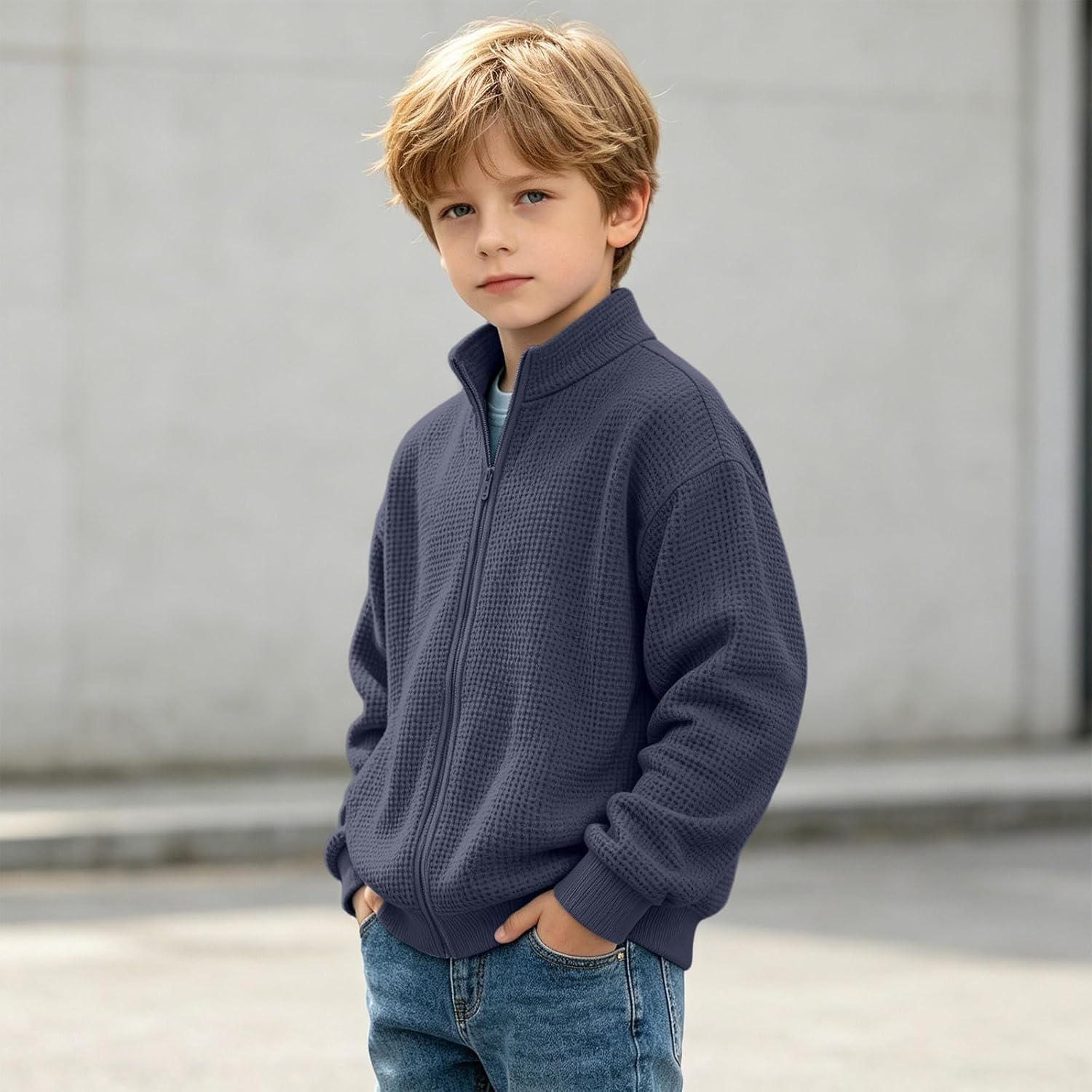 Boys Waffle Full Zip Fleece Thermal Sweatshirt Jackets