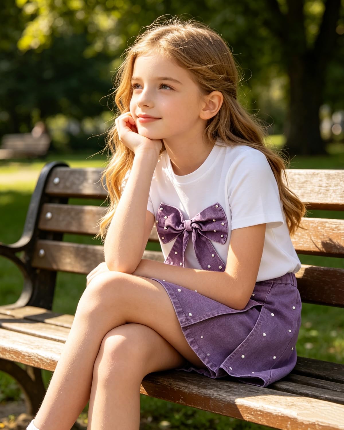 6-12Y Girls Summer Clothes Short Sleeve Bow Print T-Shirt Denim Skirt Shorts Set Tween Girls Outfits Set