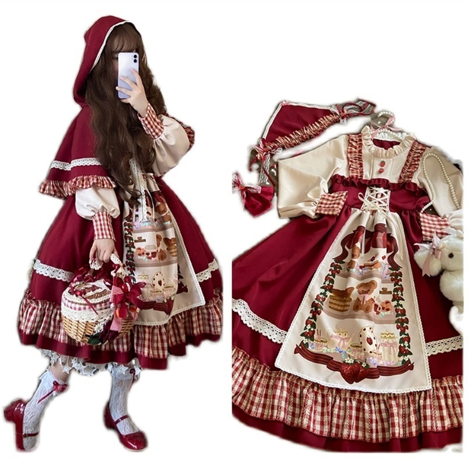 Vestido de fiesta de princesa Sweet Lolita con encaje y lazo de cintura alta, vestido rojo para niña, gótico Lolita Op Cosplay (color: vestido y capa, tamaño: L)