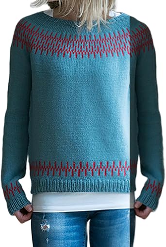 BIVENANT Womens Fair Isle Sweater Crewneck Casual Printed Boho Striped Knitted Pullover Tops Oversized