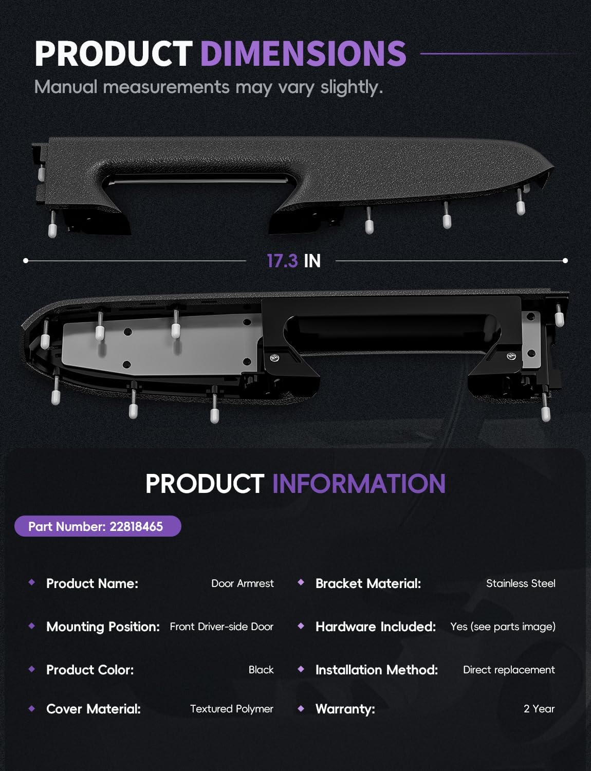 22818465 Front Left Driver Side Door Armrest Repair Kit for Chevy Silverado/GMC Sierra 1500/2500HD/3500HD 2010–2014, Fits Door Panel with Release Handle Below Armrest, Black